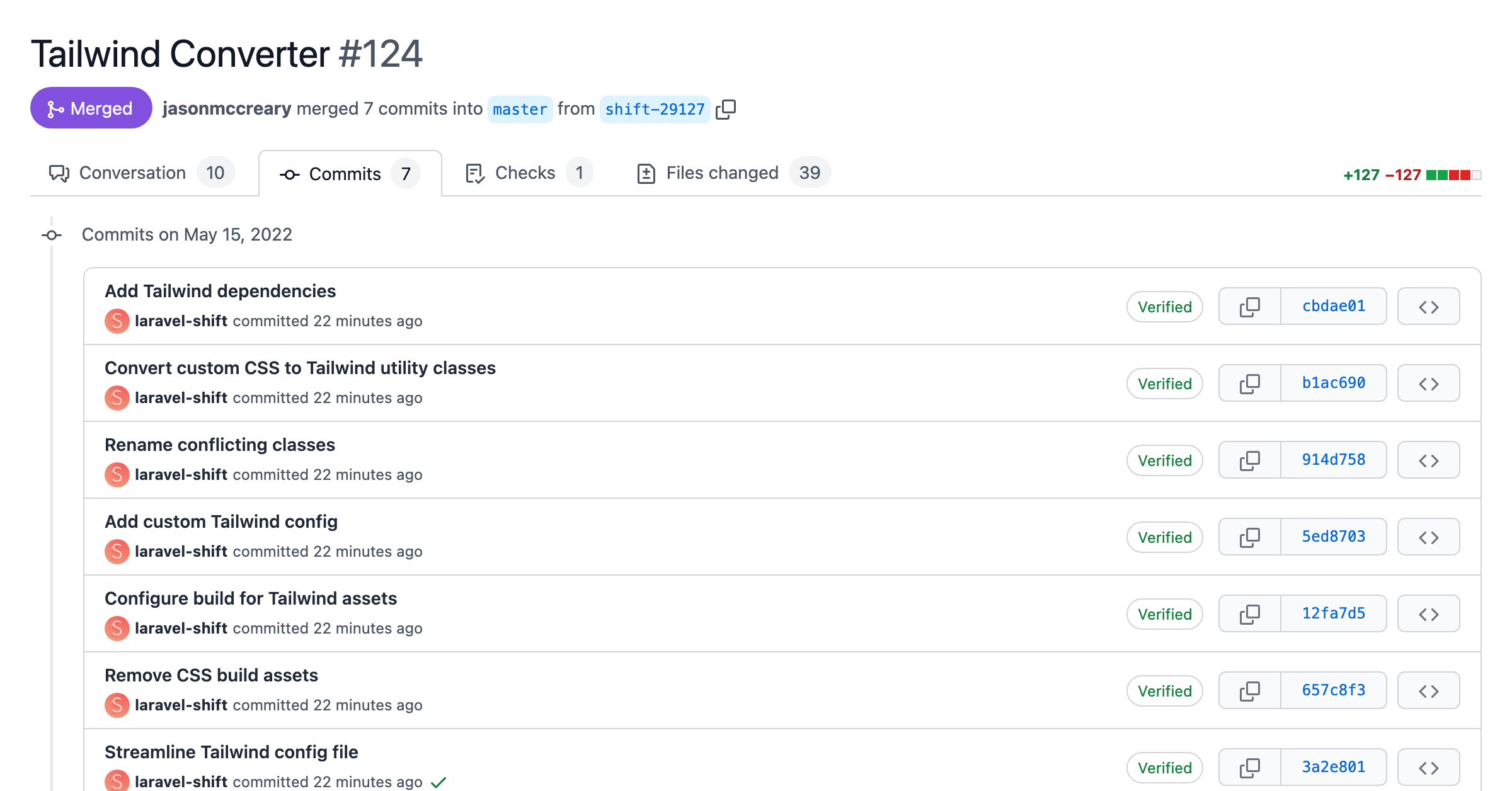 Screenshot of a pull request with automated changes from the Tailwind Converter